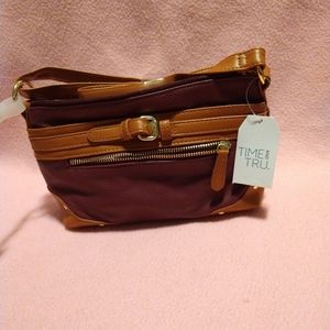 Maroon red and dark tan over the shoulder purse